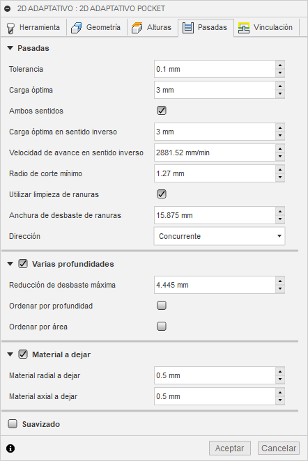 cuadro de diálogo de limpieza adaptativa 2d, ficha Pasadas