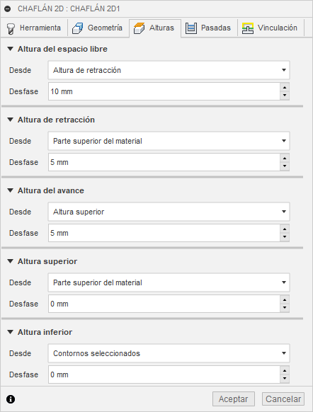 ficha alturas del cuadro de diálogo chaflán 2d