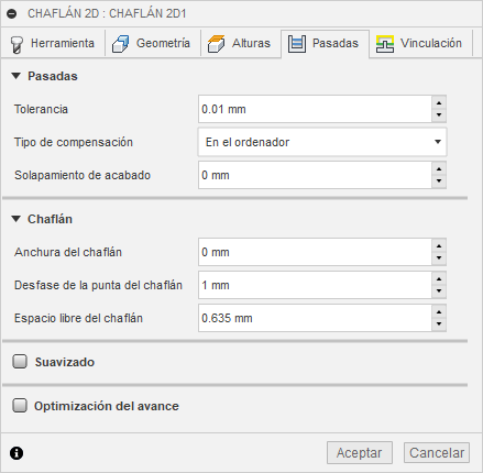 ficha pasadas del cuadro de diálogo chaflán 2d