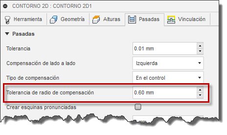 pestaña pasadas del cuadro de diálogo contorno 2d: tolerancia de radio de compensación