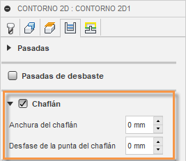 pestaña pasadas del cuadro de diálogo contorno 2d: chaflanes