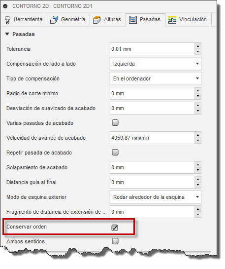 ficha Pasadas del cuadro de diálogo Contorno 2D: conservar orden