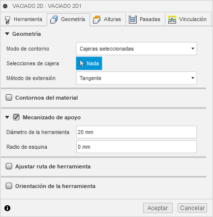 ficha geometría del cuadro de diálogo de cajera 2D: mecanizado de restos
