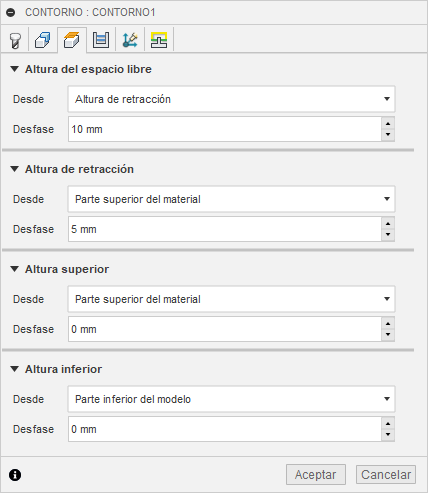 ficha alturas del cuadro de diálogo contorno 3d