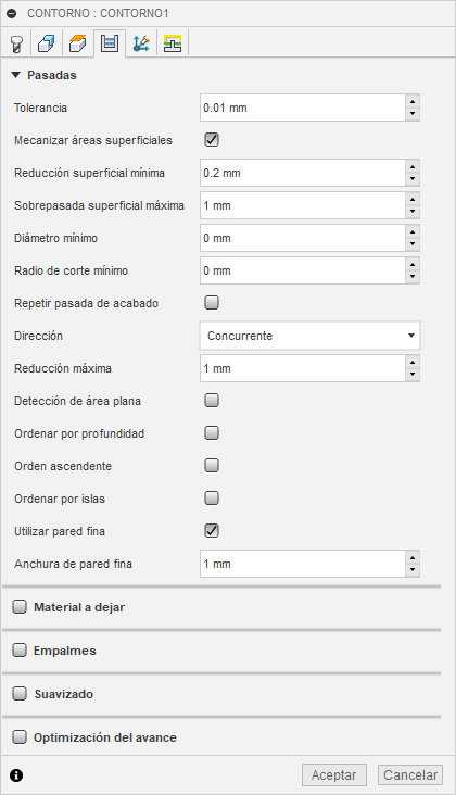 ficha pasadas del cuadro de diálogo contorno 3d
