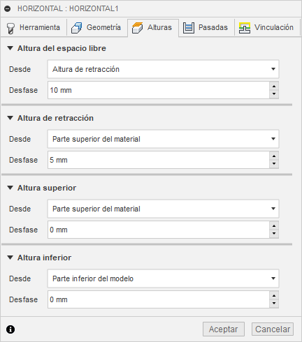 ficha alturas del cuadro de diálogo limpieza horizontal 3d