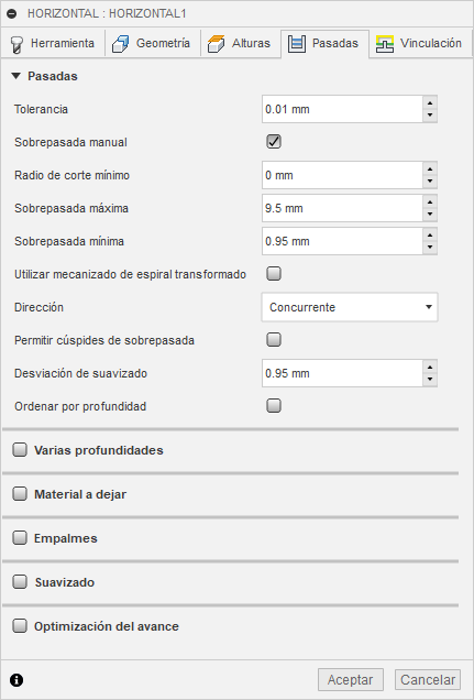 ficha pasadas del cuadro de diálogo limpieza horizontal 3d