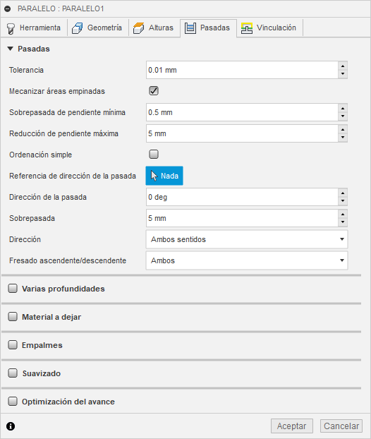ficha pasadas del cuadro de diálogo acabado paralelo 3d