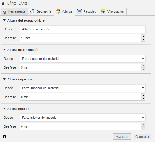 ficha alturas del cuadro de diálogo lápiz 3d