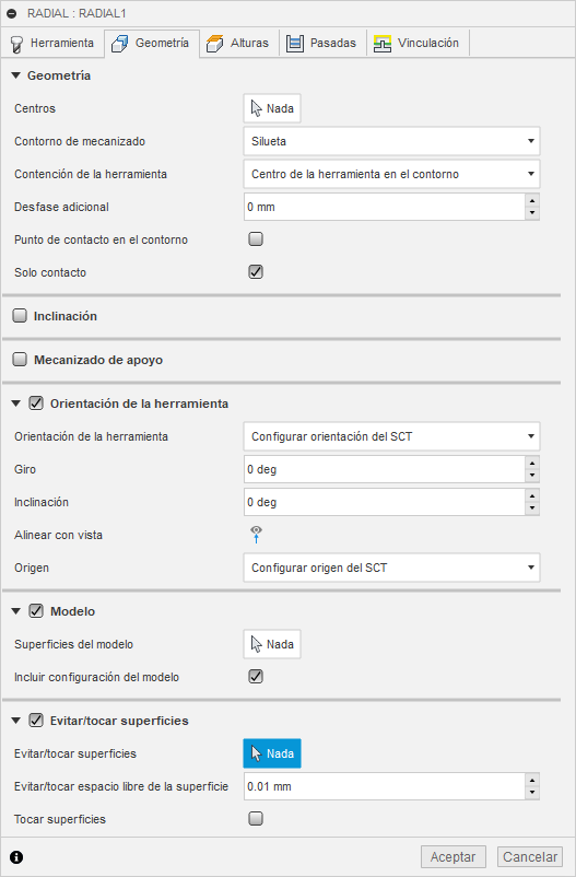 ficha geometría del cuadro de diálogo acabado radial 3d