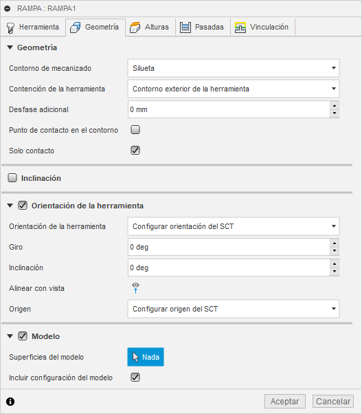 ficha geometría del cuadro de diálogo acabado de rampa 3d