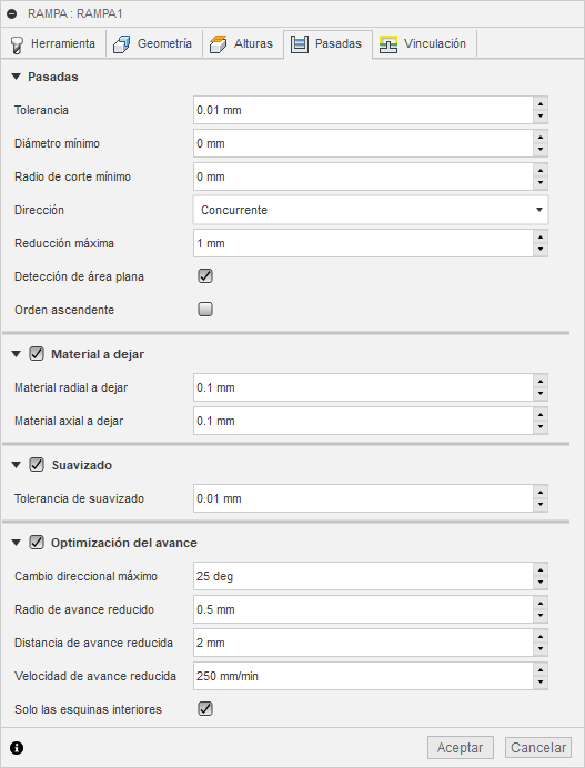 ficha pasadas del cuadro de diálogo acabado de rampa 3d