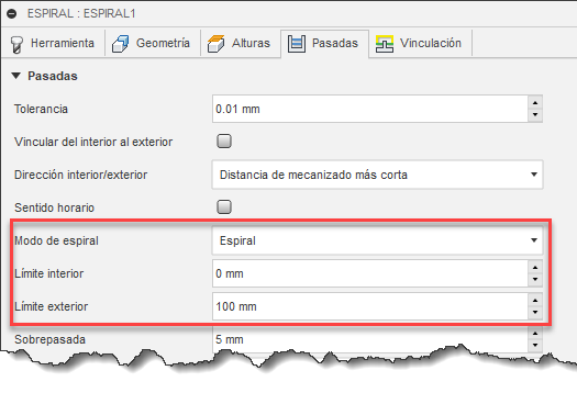 ficha Pasadas de cuadro de diálogo de espiral - modo de espiral