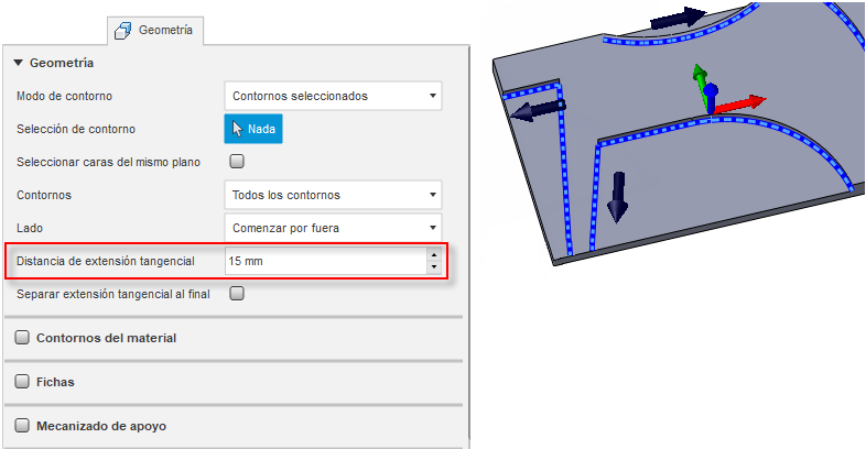 cuadro de diálogo de distancia de extensión tangencial de sección de 15 mm con ejemplo