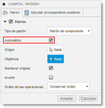 cuadro de diálogo de carpeta, ficha patrón: componente automático