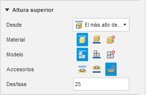 parte superior del material, parte superior de la fijación y parte superior del modelo seleccionadas para más alto de la selección