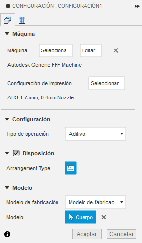 cuadro de diálogo configuración de aditiva