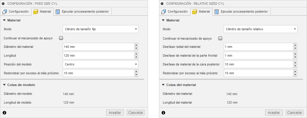 ficha material del cuadro de diálogo configuración: opciones de material cilíndrico