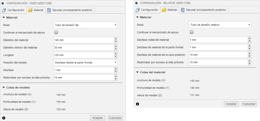 ficha material del cuadro de diálogo configuración: opciones de material tubular