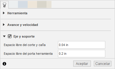espacio libre del eje y del porta herramientas en la ficha herramienta