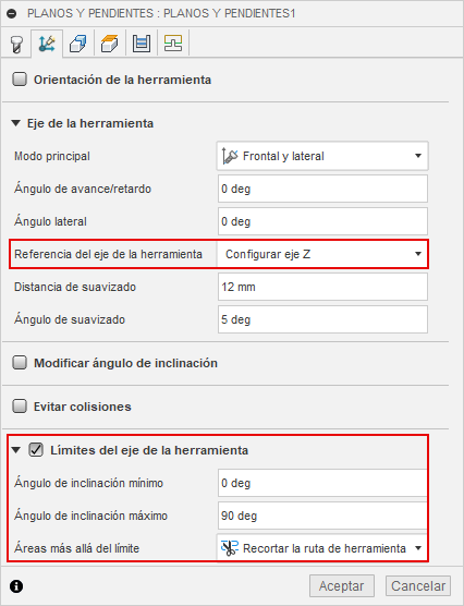 Límites del eje de herramienta del cuadro de diálogo plano y pendiente
