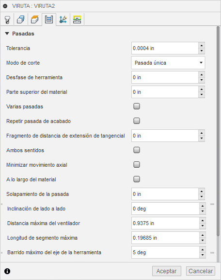 ficha pasadas del cuadro de diálogo viruta