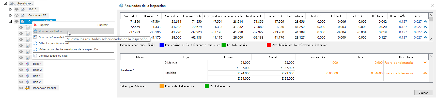 ventana resultados de la inspección
