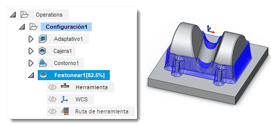 Vista preliminar de una ruta de herramienta de Festonear que se ha generado parcialmente