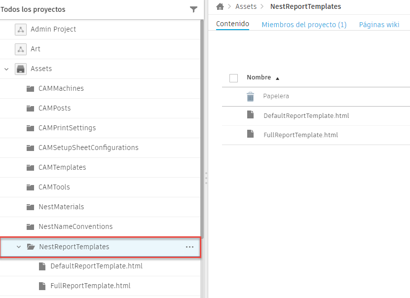 Desplazarse a la carpeta Plantillas de informes de Nesting