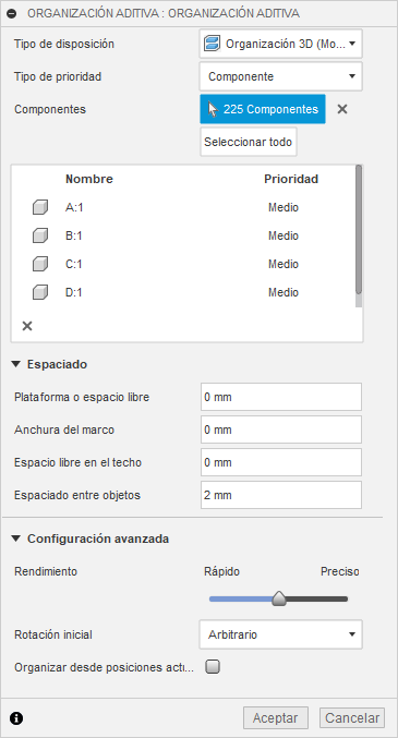 cuadro de diálogo Organizar aditivos