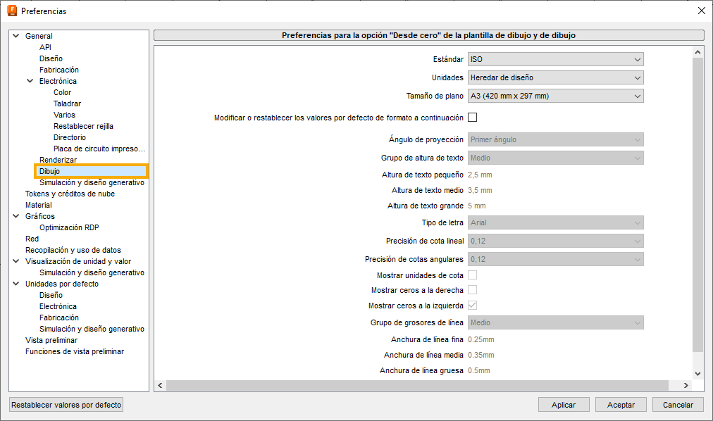 cuadro de diálogo preferencias de dibujo
