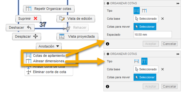 cuadros de diálogo de cotas de apilamiento y alineación