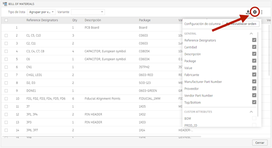 columnas de la lista de materiales