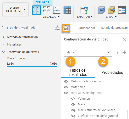 Panel de configuración de visibilidad