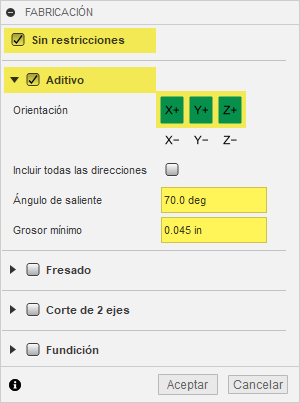 cuadro de diálogo de fabricación