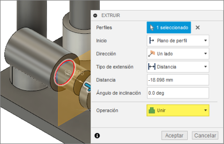 cuadro de diálogo de extrusión - mitad del pasador central