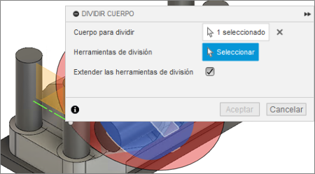 cuadro de diálogo dividir cuerpo - dividir cilindro central