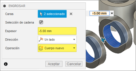 cuadro de diálogo engrosar - engrosar cara cilíndrica