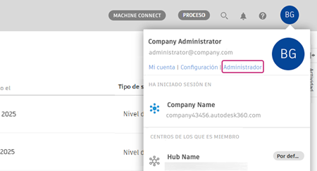 Opción del menú de administrador resaltada en el menú desplegable del perfil