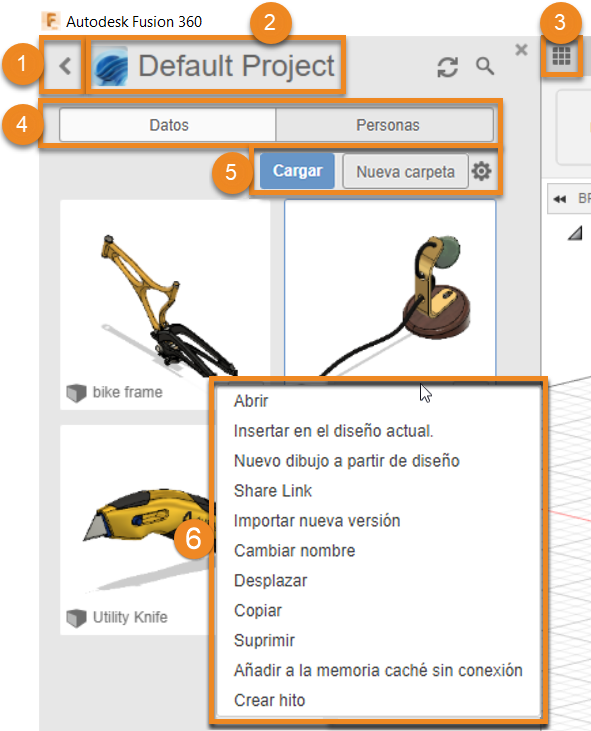 información general de la interfaz del panel de datos