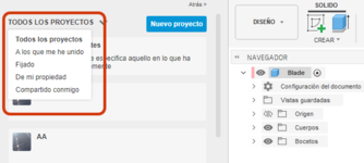 menú desplegable de proyectos