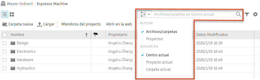 menú de parámetros de columna
