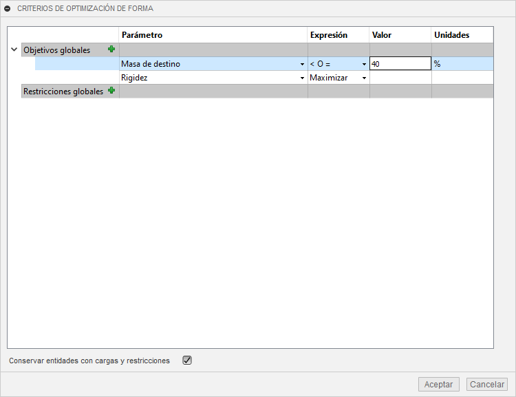 cuadro de diálogo de criterios de optimización de formas
