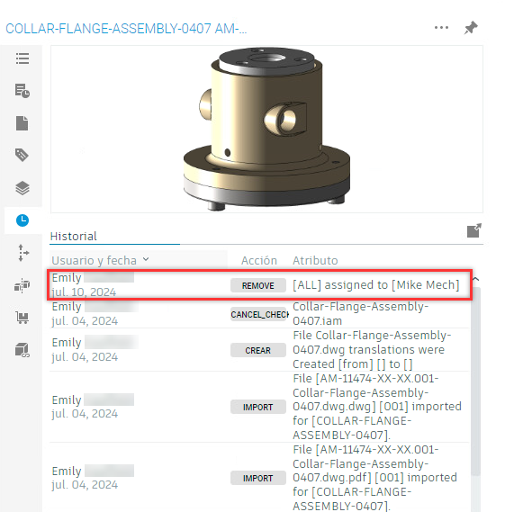 historial en el panel de detalles del artículo