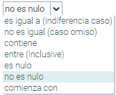 opciones desplegables de parámetros
