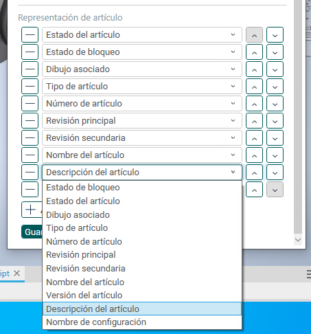 Descripción de artículo en la configuración del módulo de extensión de CAD
