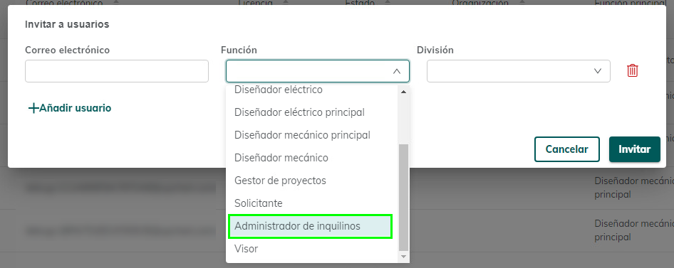 Función de administrador de inquilinos disponible al crear invitaciones