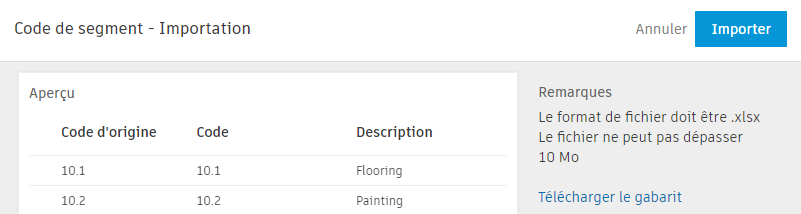 Bouton Importer dans la fenêtre d’importation de codes de segment