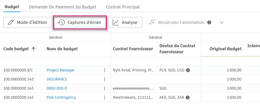 Bouton Captures d’écran dans l’interface de présentation du budget