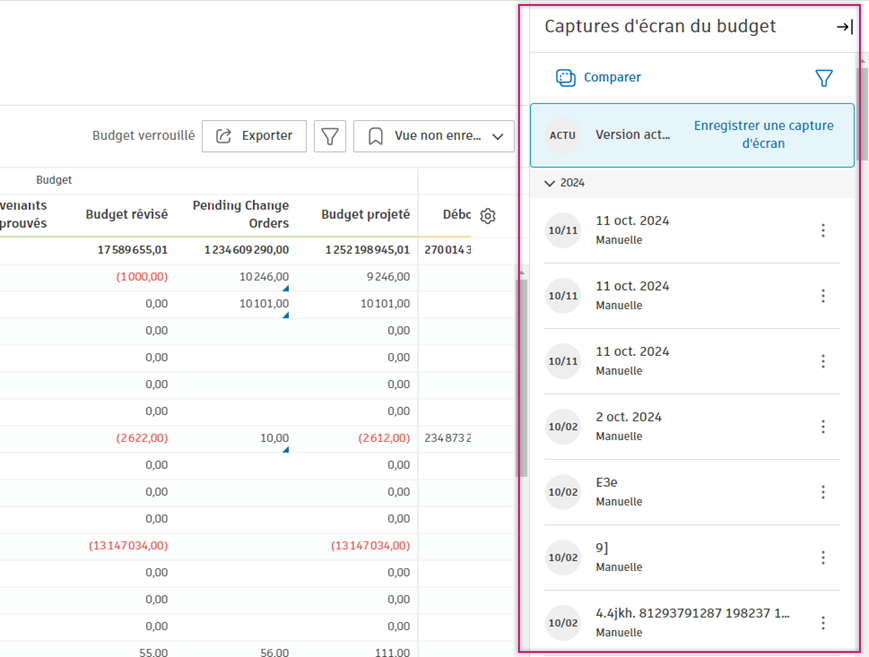 Panneau déroulant Captures d’écran du budget affichant la version actuelle et les options de capture d’écran